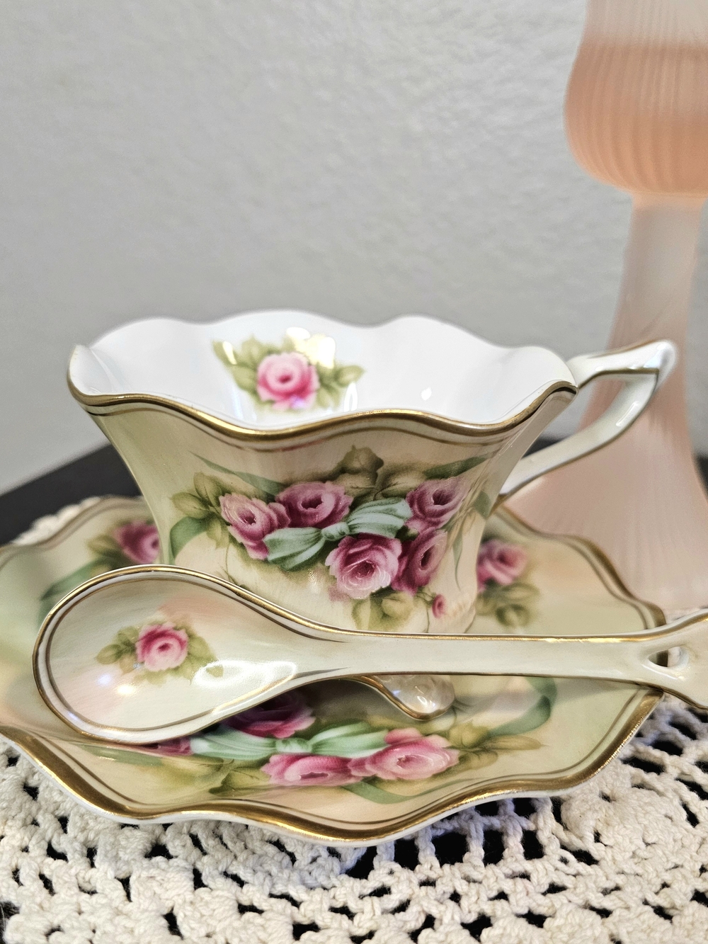 Porcelain Treasures Teacup Saucer Set Pink Roses Hand Decorated By Betty Platner